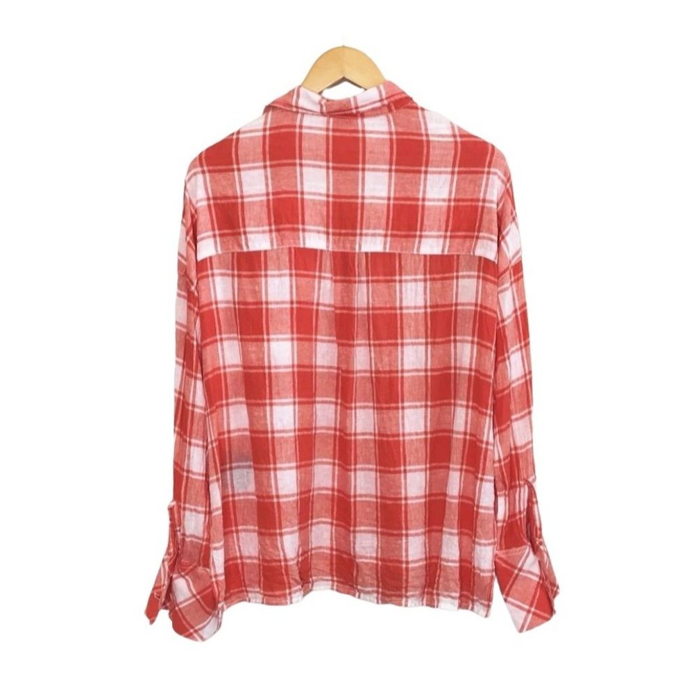 SOLD Sanctuary Plaid Boyfriend Linen Button Front Shirt Size Medium - Picture 5 of 9